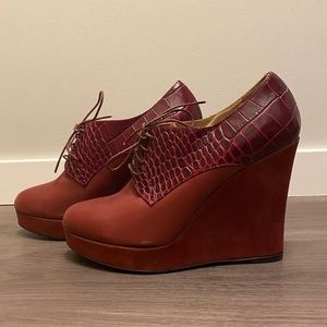 Longchamp Suede and Leather Croc Effect Wedge
